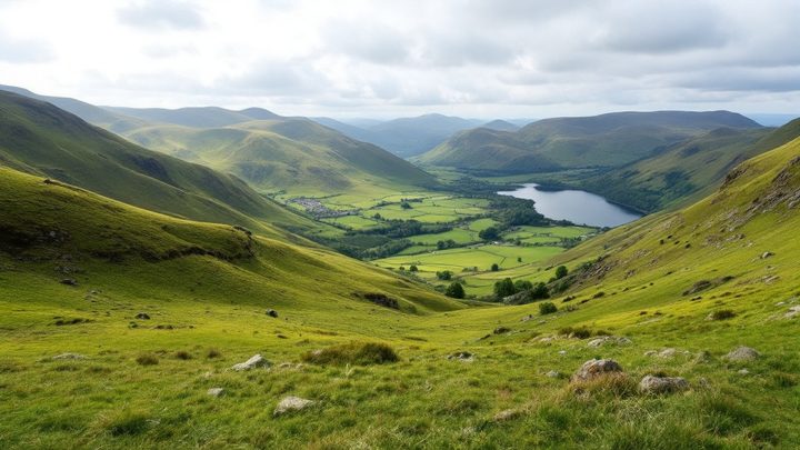 Smooth grassy mountain ridges above a valley of fields and a reservoir