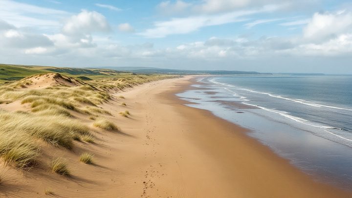 A very long flat sandy beach with dunes and a calm estuary