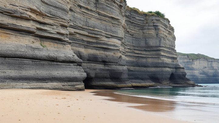 A sandy beach below layered limestone cliffs on the Glamorgan coast