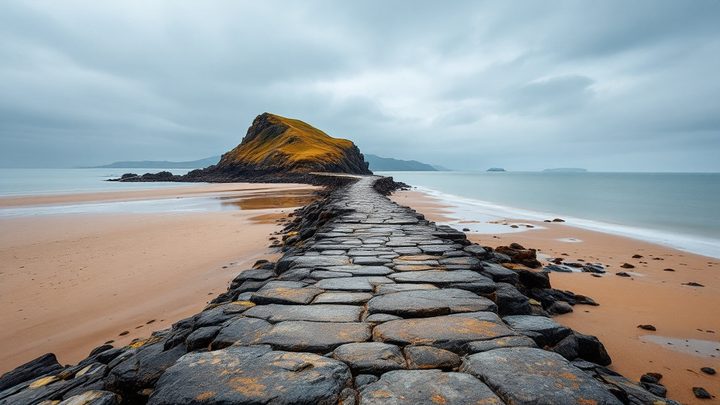 A tidal causeway leading to a rocky headland island beside a vast sandy bay