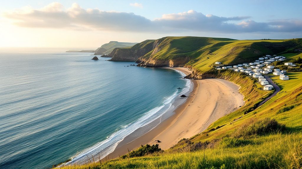A sweeping sandy bay below green headlands on the Gower, with static caravans on the hillside above