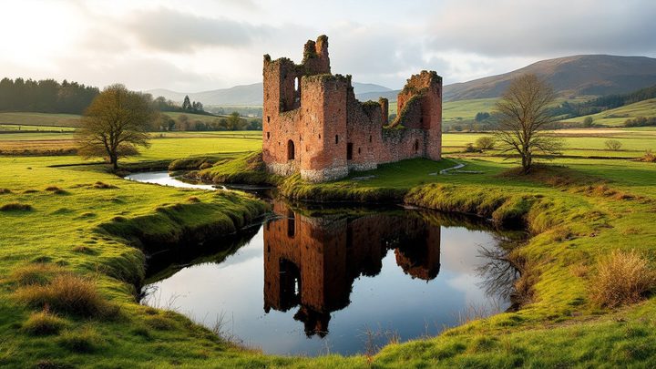 A triangular moated red sandstone castle ruin among fields