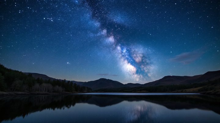 A loch among forested hills under a clear starry night sky