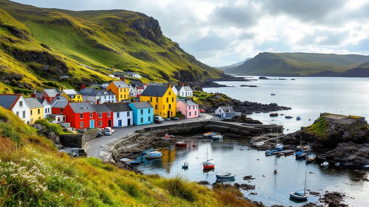 A small harbour village of colourful houses below green cliffs