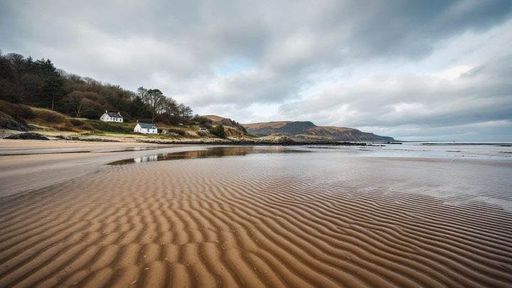 A sandy bay at low tide with wooded hills behind
