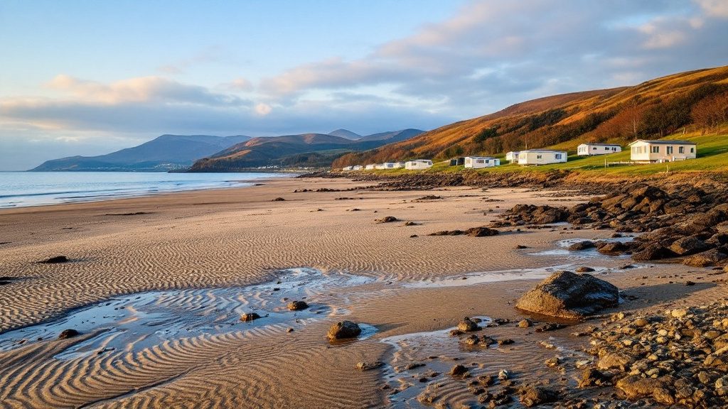 A sandy bay on the Solway coast with static caravans on a park above the shore