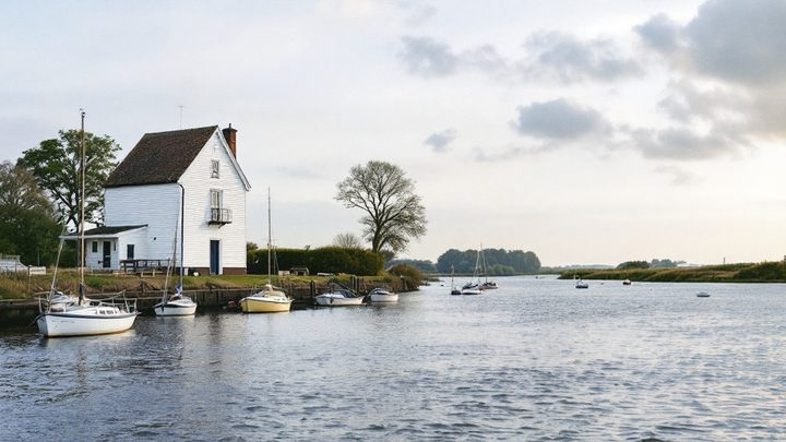 A wide estuary with sailing boats moored and a riverside tide mill
