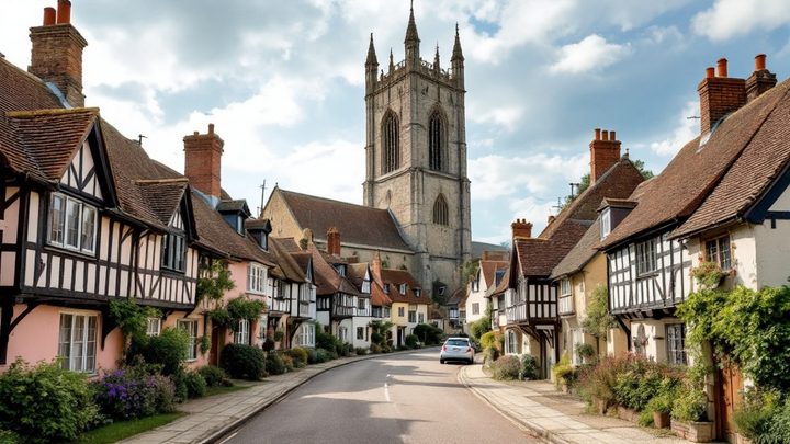 A street of crooked timber-framed medieval houses in a small town