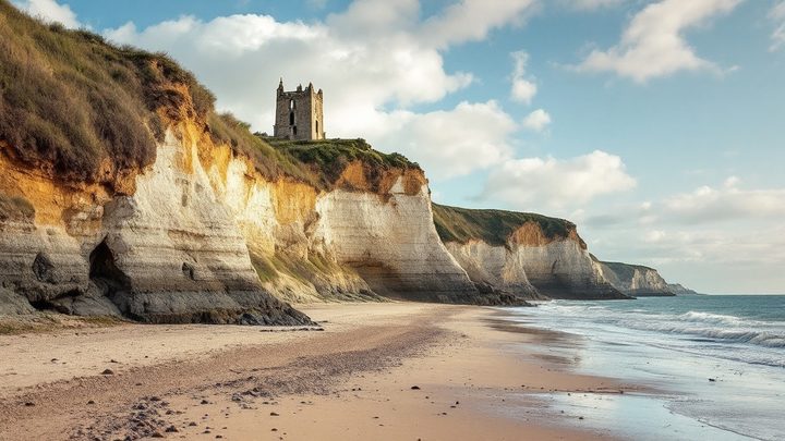 A sandy beach below low cliffs with a church on the clifftop