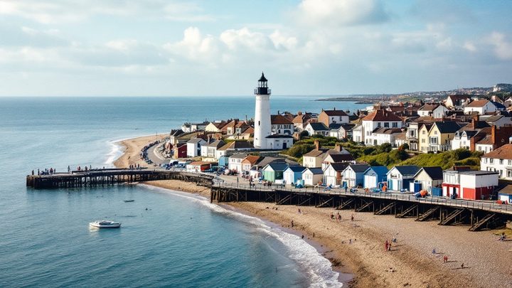 A seaside town with a white lighthouse, beach huts and a pier