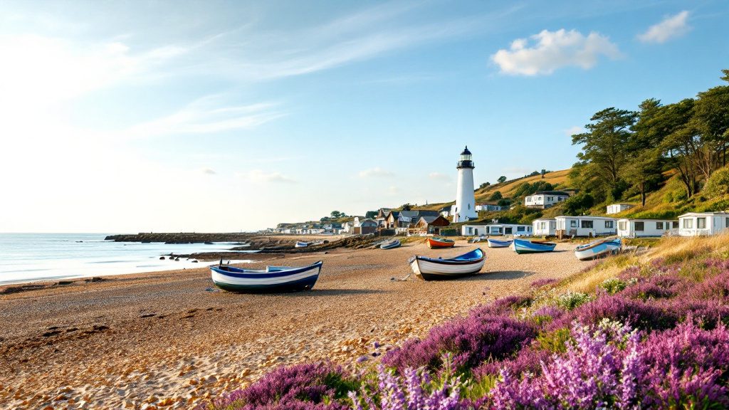 A shingle and sand beach on the Suffolk coast with static caravans on a clifftop park