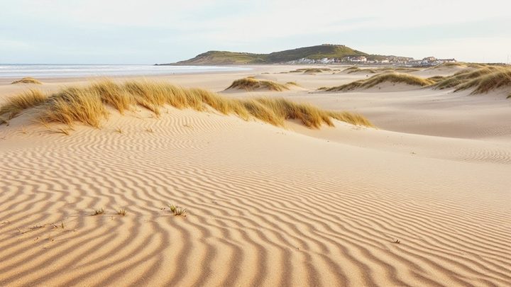 Rippled sand and dunes on a wide beach, with a hilltop town in the distance