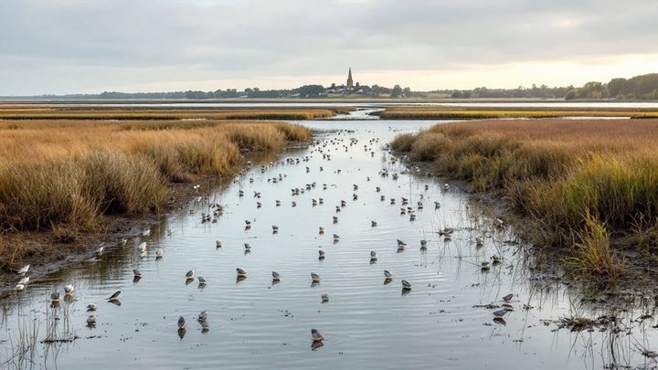 A saltmarsh harbour nature reserve with wading birds and calm channels