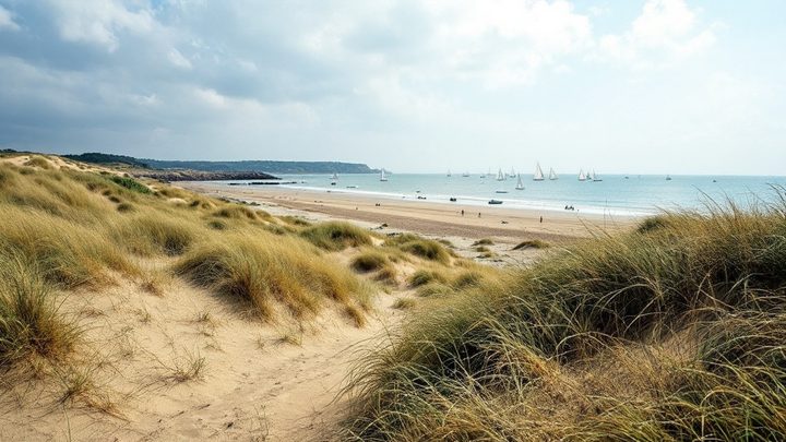 Sand dunes and a sandy beach at the mouth of a harbour, with sailing boats