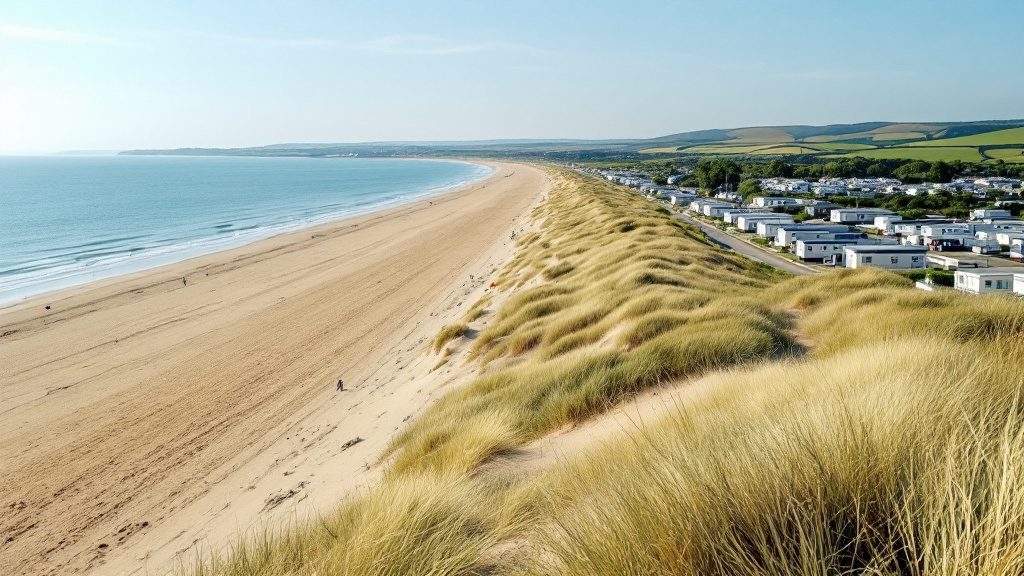 A sandy beach and dunes on the Sussex coast, with static caravans on a holiday park behind