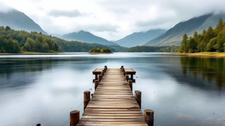 A still loch with wooded islands below green mountains, and a small jetty