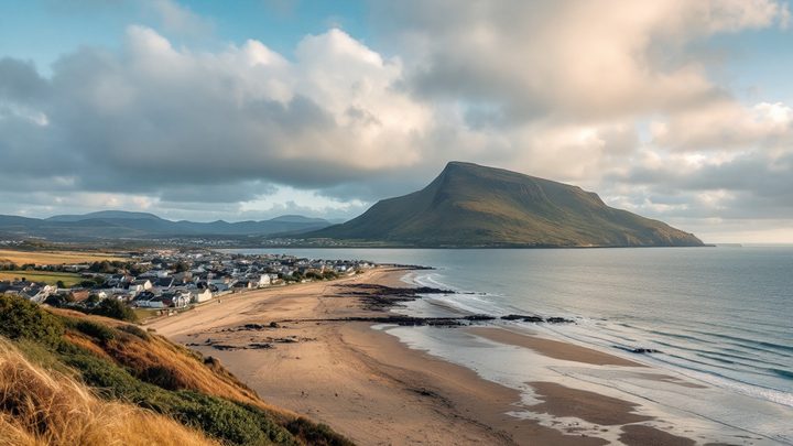 A sandy bay and small seaside town on the Firth of Clyde, with an island across the water