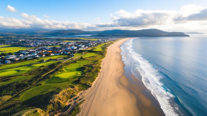 A long sandy beach beside golf links, with a seaside town and hills beyond