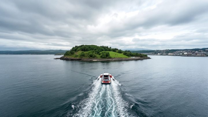 A ferry crossing a calm firth towards a green island, with a seaside town on the shore