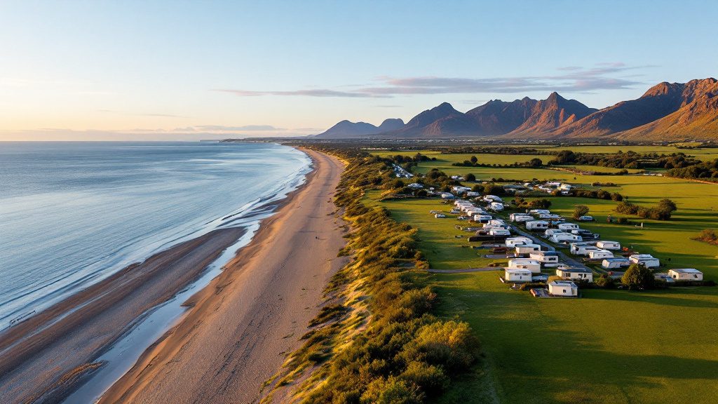 A sandy beach on the Ayrshire coast with static caravans on the shore and the mountains of Arran across the water