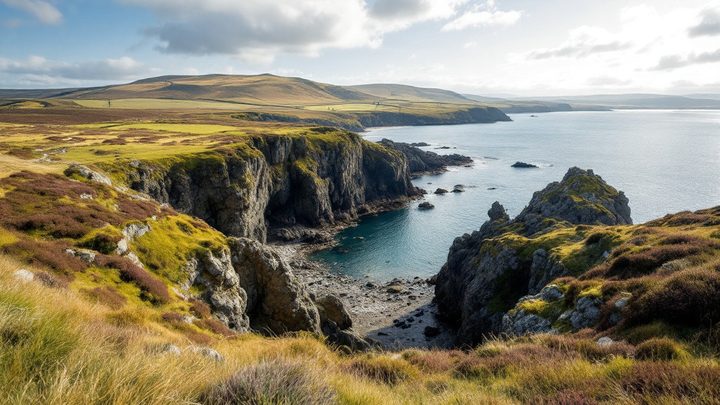 A rocky cove below heather-covered cliffs and moorland hills