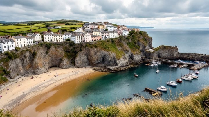 A pastel-painted harbour town on a cliff above a sandy beach