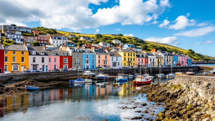 A colourful harbour town on a calm bay with small boats