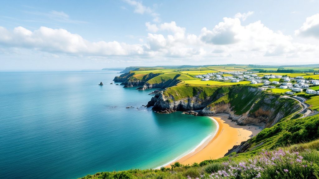 A sandy cove below green clifftops in Pembrokeshire, with static caravans on a holiday park