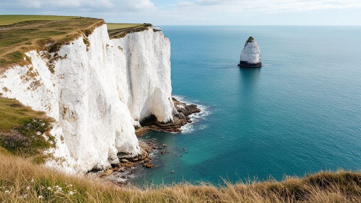 White chalk cliffs and sea stacks with seabirds above a cove