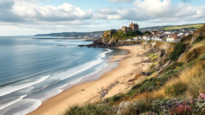A sweeping sandy bay with a castle on the headland above a harbour town