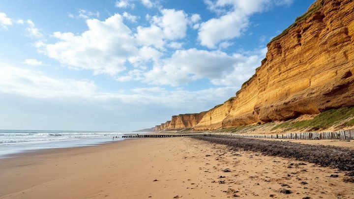 A long, quiet sandy beach below low clay cliffs