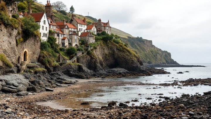 Red-roofed cottages climbing a steep cliff above a rocky bay