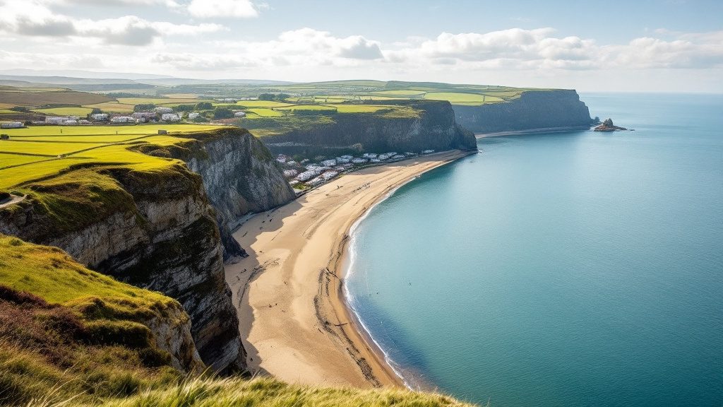 Clifftops on the Yorkshire coast above a sandy bay, with static caravans on a holiday park