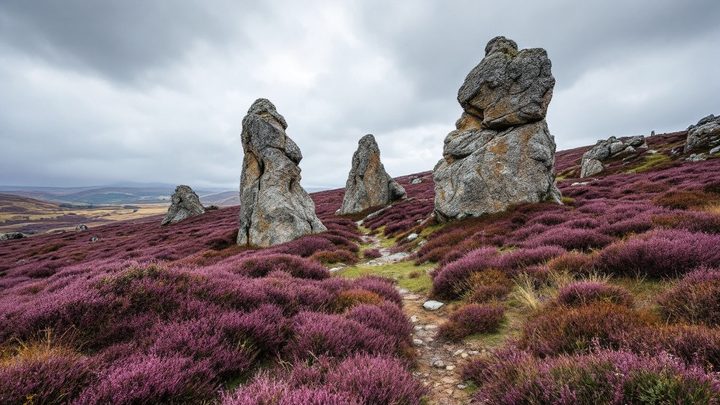 Strange gritstone rock formations on heather moorland