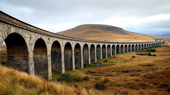 A long stone railway viaduct crossing open moorland below a flat-topped hill