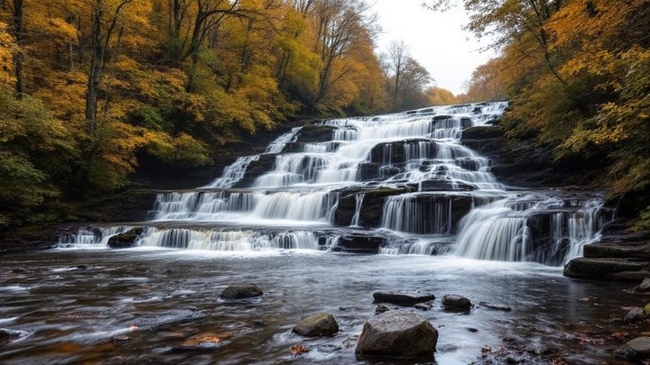 Wide stepped waterfalls in a wooded river valley