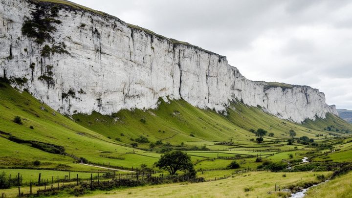 A curved white limestone cliff above a valley with dry stone walls