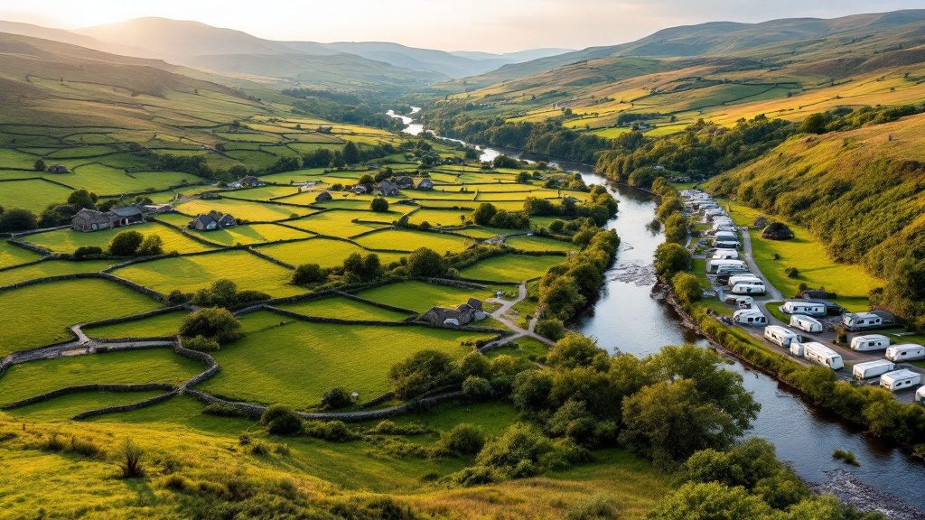 A green Yorkshire Dales valley with dry stone walls and static caravans on a countryside park